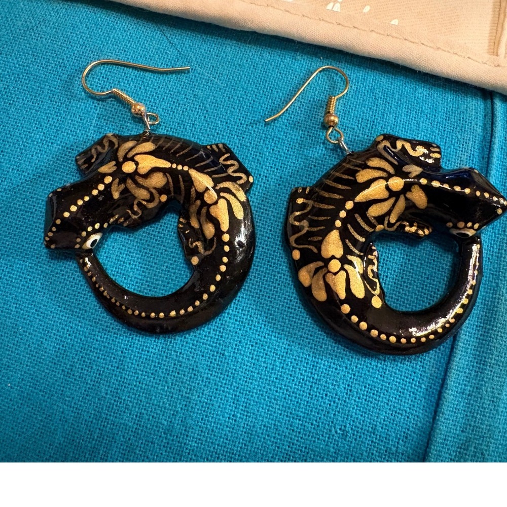 Vintage Hand Painted Lizard Brooch Pin & Earring Set - Folk Art Gecko Jewelry - Picture 4 of 9